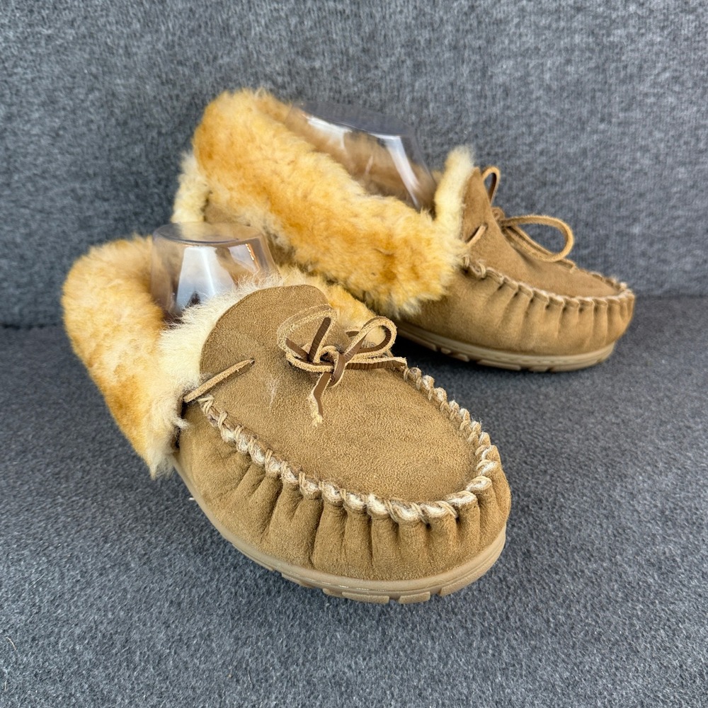 L.L.Bean Wicked Good Moccasin Women 10 Wide Tan Shearling Suede Slippers